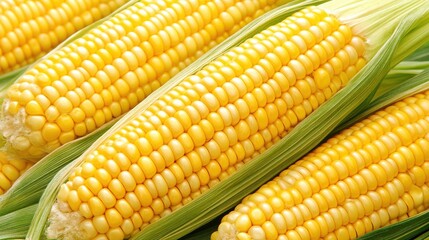 Fresh corn on the cob, displaying vibrant yellow kernels nestled in green husks, perfect for food-related projects, recipes, agricultural themes, and seasonal marketing,