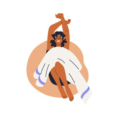 Young woman sittin, relaxing in bean bag chair. Happy girl smiling, laughing with arms up, stretching. Joyful female resting with plaid, enjoying. Flat vector illustration isolated on white background