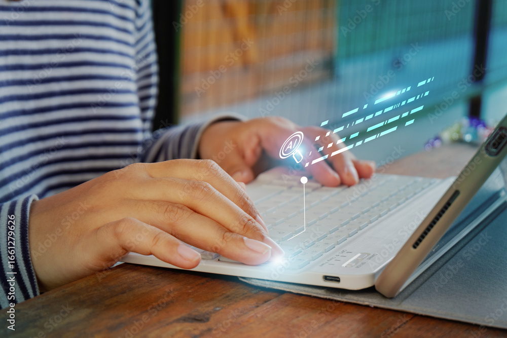 Poster fingers typing on digital keyboard with holographic data projection. ideal for business technology, 