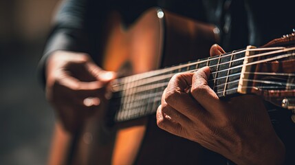 Obraz premium Close-Up of Hands Playing Acoustic Guitar