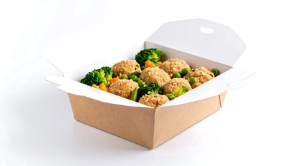 Takeout box with meatballs and vegetables