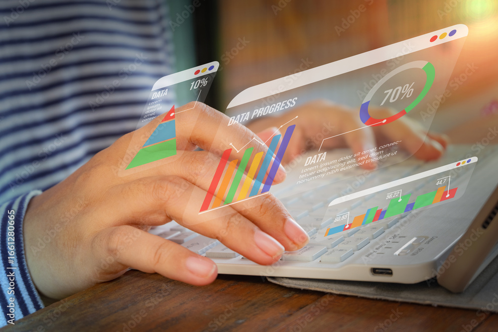 Poster typing with holographic analytics charts and graphs floating above. ideal for business growth, data 