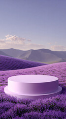 Product display stand and bright purple lavender field background. Ai generate.
