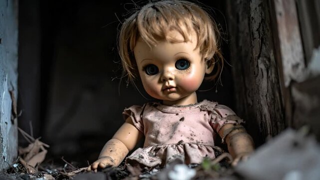 scary doll hidden in old wooden box, suspenseful horror atmosphere. Perfect for movie trailers or Halloween event