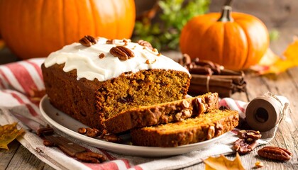 Sliced Pumpkin Bread with Frosting and Pecans on Plate Autumn Scene