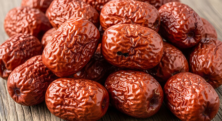 A cluster of dried red dates showcasing their wrinkled texture and natural color, highlighting their unique appearance.
