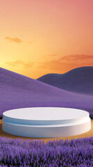 Product display stand and bright purple lavender field background. Ai generate.