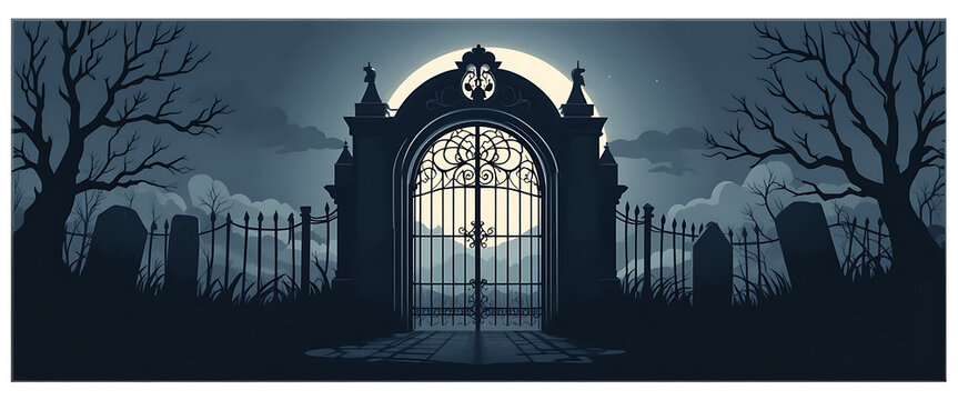 Flat minimalist vector graveyard gate with sharp clean outlines, glowing moonlight behind, eerie Halloween atmosphere 