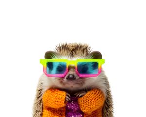 A hedgehog wearing neon pixel glasses and sparkling glamorous clothes in a striking front view