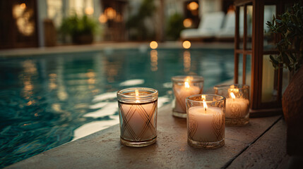 Scented candles are placed on the beach during sunset. Ai generate.	
