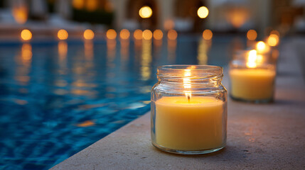 Scented candles are placed on the beach during sunset. Ai generate.	
