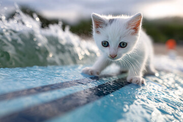Kitten come for a walk on the beach. Ai generate.	
