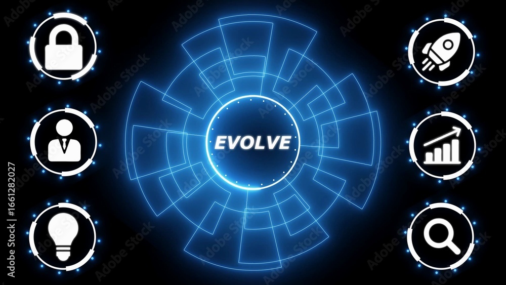 Poster glowing blue circular interface with icons for business growth security and innovation abstract back
