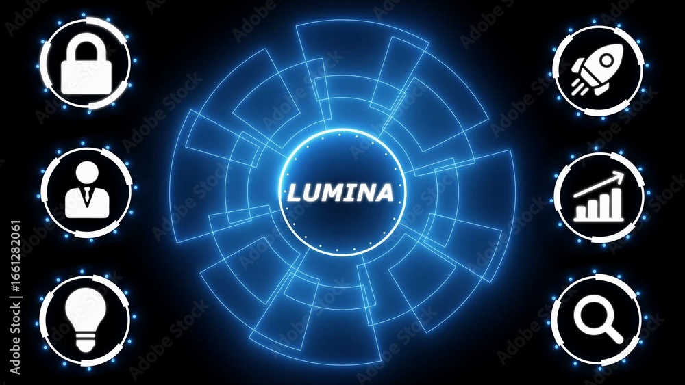 Poster blue digital interface with lumina text and surrounding icons for security business growth idea and 