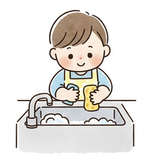 A cheerful child washes dishes in a sink, holding a sponge and smiling while surrounded by bubbles.