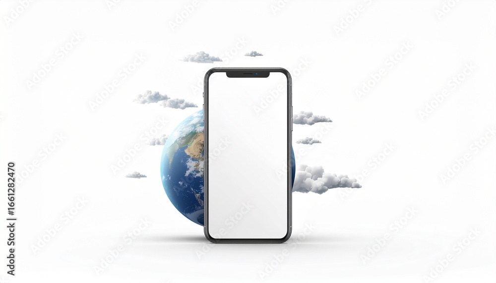 Fototapete concept of worldwide connection and global mobile technology. a smartphone with a blank screen is sh