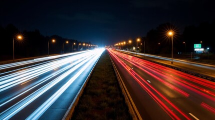 Long exposure light trails on a busy highway at night, showing urban traffic flow.