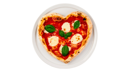 heart shaped pizza with tomato sauce mozzarella and basil on a white plate isolated on solid white background