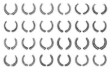 Collection of different black and white silhouette circular laurel foliate and oak, wreaths depicting an award, heraldry, achievement, victory, crown, winner, ornate, Vector icon illustration.