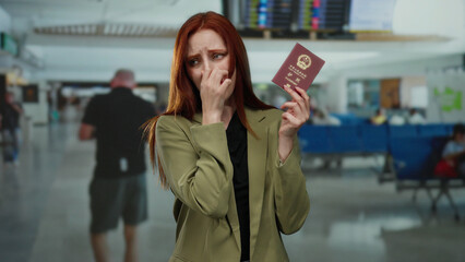 Woman holding chinese passport covers nose in busy airport terminal, indicating bad smell and...