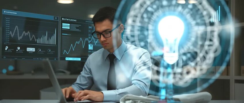AI technology assisting business professionals in research and data analysis, illustrating the impact of artificial intelligence in strategic decision-making, 4K Video
