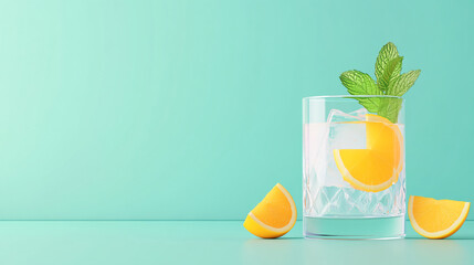 Fototapeta premium Cold orange water with mint on blue background, Perfect Summer Refreshment. copy space. 