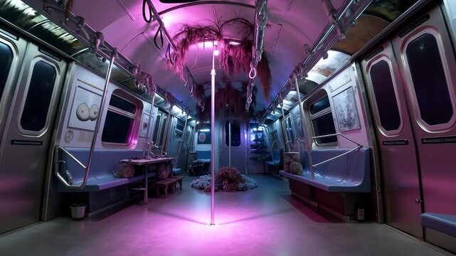 A subway car with purple lights and decorations on the ceiling