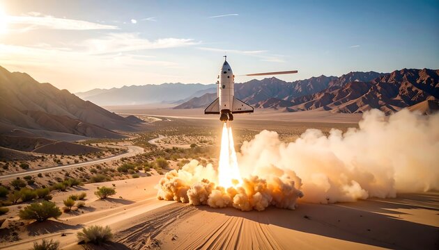 Spacecraft Launching From Desert at Sunrise, Mountain Backdrop