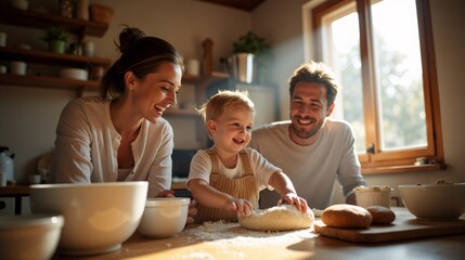 Happy family with young child baking dough together in a warm kitchen
