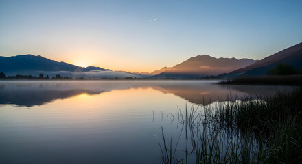 Fototapeta premium A serene lake at dawn, with mist rising from the water and mountains in the background