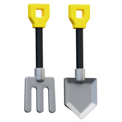 3D Illustration of farming tools including a shovel and a rake, essential for gardening, soil preparation, and agriculture