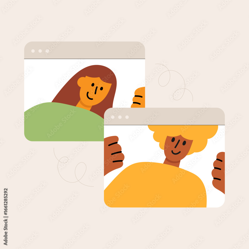 Poster flat vector illustration of character talking via video conference. digital communication concept. v