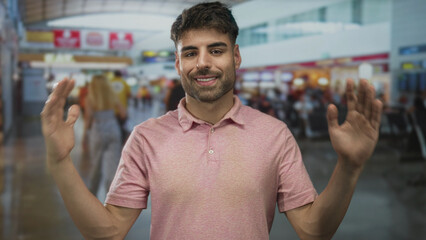 Man raises hands in airport terminal while smiling in pink shirt amid rows of chairs and gate...