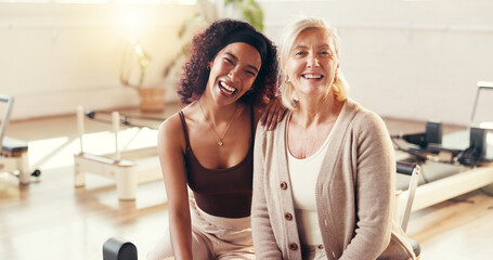 Portrait, fitness and women in studio, friends and bonding together with support, health and...