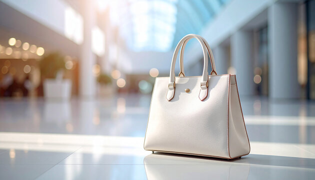 上品な白いハンドバッグが映える明るいインテリア空間での撮影。シンプルで洗練されたデザインが強調され、ファッション、ブランド、ビジネス、ショッピングをイメージさせる構図。