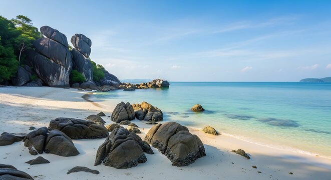 Scenic view of a tropical paradise beach with turquoise water, golden sand, and large granite rocks under a clear blue sky.