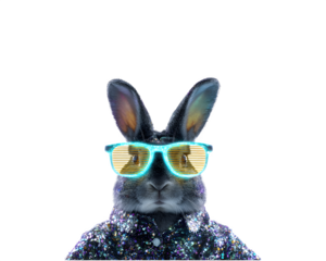 A stylish rabbit wearing neon pixel glasses and glamorous sparkling clothes poses confidently for the camera