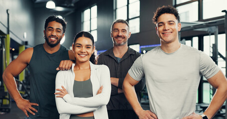 Fitness, friends and portrait of people in gym with smile for exercise, training and workout....