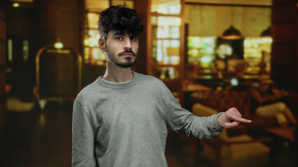 Fototapeta premium Young man in a hotel lobby with thoughtful expression pointing to something unseen in the background, capturing a sophisticated and relaxed ambiance.