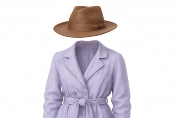 Lavender trench coat with brown fedora hanging mid-air, showcasing elegant fashion design against transparent backdrop for creative visual projects