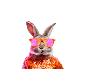 A stylish rabbit wearing neon pixel glasses and glamorous sparkling clothes poses confidently for the camera