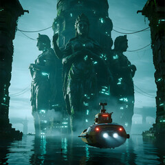 cinematic shot of a tiny, advanced submarine illuminating a colossal, abandoned underwater city of non-human origin