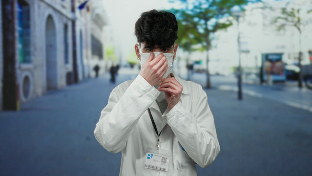 Man wearing protective mask adjusts his lab coat on urban street with soft-focus city background, emphasizing safety and professional context.