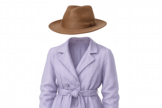 Lavender trench coat with brown fedora hanging mid-air, showcasing elegant fashion design against transparent backdrop for creative visual projects