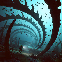 a tiny scuba diver with a flashlight exploring the impossibly large ribcage of a long-dead sea monster