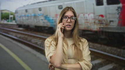 Young blonde woman holding smartphone to ear gestures as train arrives at building; urgent communication.