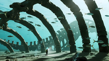 a tiny scuba diver with a flashlight exploring the impossibly large ribcage of a long-dead sea monster