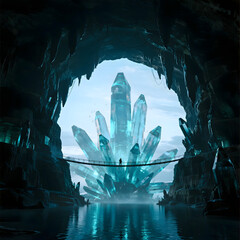 fantasy art of a vast underground cavern filled with giant, glowing crystal formations the size of skyscrapers,