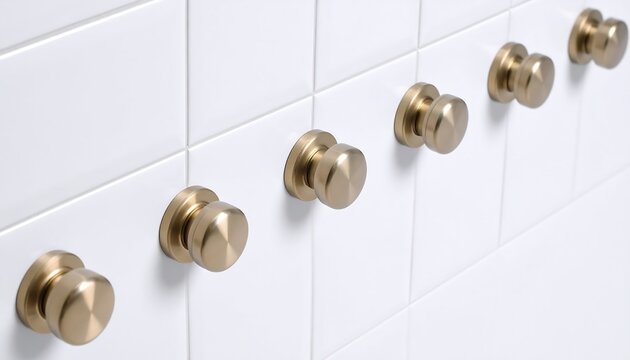 Gold knobs on tiled wall, bathroom display
