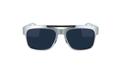 A close up of silver framed sunglasses with dark lenses on a black background in a studio shot